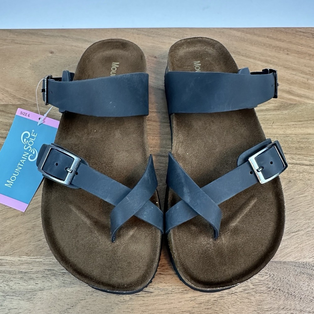 New‎ NIB Womens Mountain Sole Black Leather Sandals Shoes Size 6